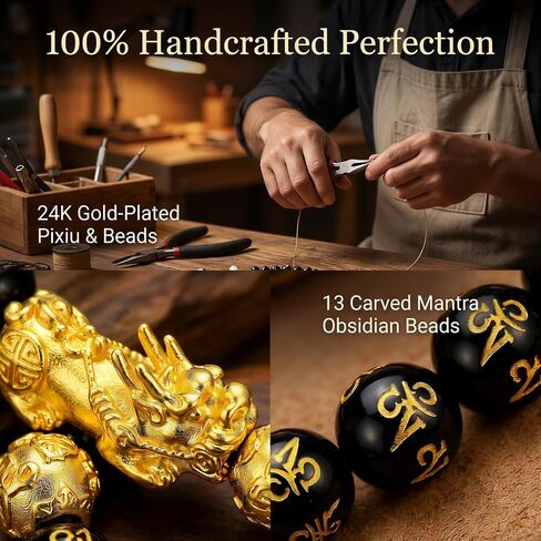 Feng Shui Bracelet Genuine Black Obsidian Bead, Lucky Buddha Amulet for Men Women, 24K Gold Plated Pixiu Attract Dragon Wealth & Protection, Money Chinese Good Fortune Elastic Healing Jewelry in Kuwait