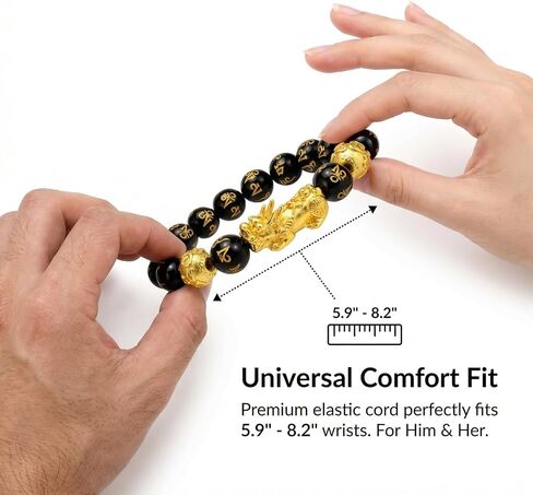 Feng Shui Bracelet Genuine Black Obsidian Bead, Lucky Buddha Amulet for Men Women, 24K Gold Plated Pixiu Attract Dragon Wealth & Protection, Money Chinese Good Fortune Elastic Healing Jewelry in Kuwait