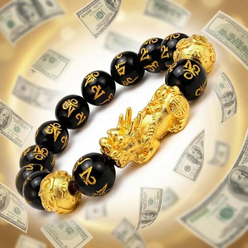 Feng Shui Bracelet Genuine Black Obsidian Bead, Lucky Buddha Amulet for Men Women, 24K Gold Plated Pixiu Attract Dragon Wealth & Protection, Money Chinese Good Fortune Elastic Healing Jewelry in Kuwait