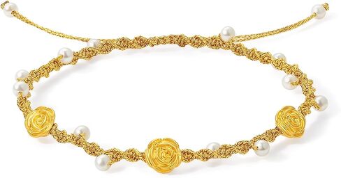 ZHOU LIU FU 24K Solid Gold Flower Charm Bracelet‌ Handwoven Freshwater Pearls Floral Braided Bracelets Adjustable Dainty Jewelry for Women Anniversary Valentines Day Birthday Mothers Day 6.3-8.7"/16+6CM X1721591 in Kuwait
