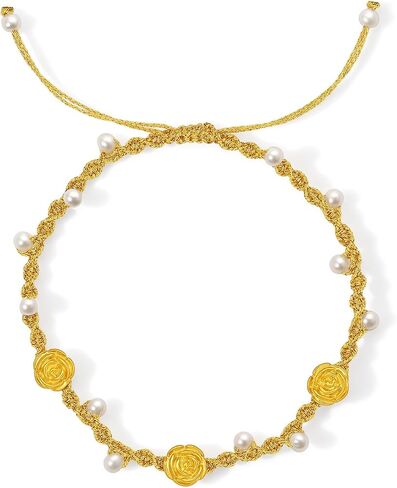 ZHOU LIU FU 24K Solid Gold Flower Charm Bracelet‌ Handwoven Freshwater Pearls Floral Braided Bracelets Adjustable Dainty Jewelry for Women Anniversary Valentines Day Birthday Mothers Day 6.3-8.7"/16+6CM X1721591 in Kuwait