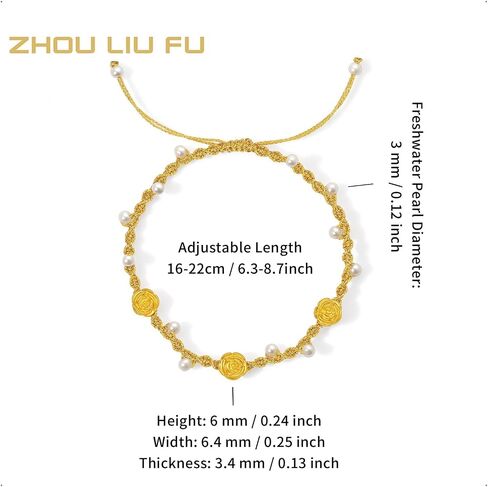 ZHOU LIU FU 24K Solid Gold Flower Charm Bracelet‌ Handwoven Freshwater Pearls Floral Braided Bracelets Adjustable Dainty Jewelry for Women Anniversary Valentines Day Birthday Mothers Day 6.3-8.7"/16+6CM X1721591 in Kuwait