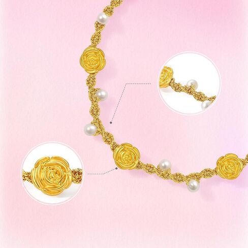 ZHOU LIU FU 24K Solid Gold Flower Charm Bracelet‌ Handwoven Freshwater Pearls Floral Braided Bracelets Adjustable Dainty Jewelry for Women Anniversary Valentines Day Birthday Mothers Day 6.3-8.7"/16+6CM X1721591 in Kuwait
