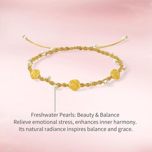 ZHOU LIU FU 24K Solid Gold Flower Charm Bracelet‌ Handwoven Freshwater Pearls Floral Braided Bracelets Adjustable Dainty Jewelry for Women Anniversary Valentines Day Birthday Mothers Day 6.3-8.7"/16+6CM X1721591 in Kuwait