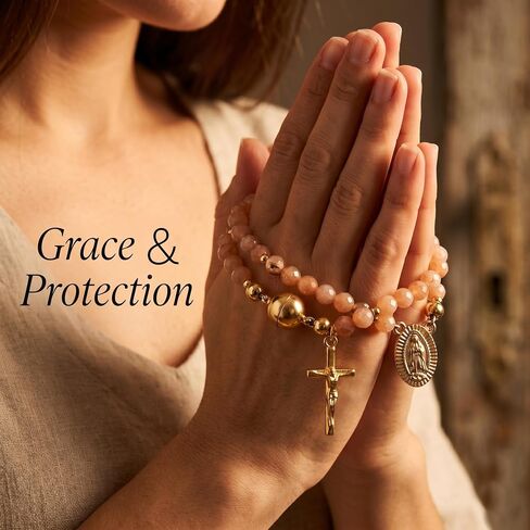 Cross Rosary Bracelet for Women,Prayer Christian Beaded Bracelets Religious Catholic Faith Bracelets Sunstone Healing Stone Bracelet Jewelry Gifts in Saudi Arabia