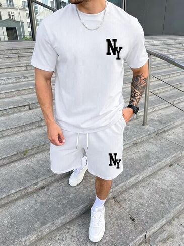 Men's Summer Two-Piece Set Men's Short Outdoor Outfit Classic Print Short-Sleeve T-Shirt and Athletic Shorts Set in Kuwait