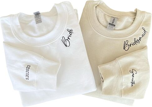 Personalized Bridal Party Sweatshirt, Custom Embroidered Bride & Bridesmaid Sweaters for Bachelorette Party, Bridal Shower Hoodie & Getting Ready Photos, Custom Neckline & Sleeve Text in Saudi Arabia