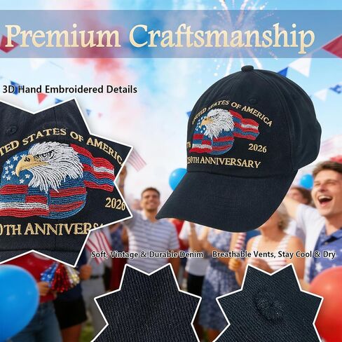 250th Anniversary USA Hat, Eagle & Flag Embroidered United States 250 Year American Anniversary Hat, Patriotic Hats for Men (US, Alpha, One Size, Blue) in Saudi Arabia