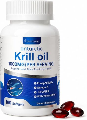 Antarctic Krill Oil 180 Softgels | 1000mg Per Serving, Omega-3 EPA DHA Choline Astaxanthin & Phospholipids, Mercury Free, No Fishy Aftertaste, Supports Joint, Heart, Brain & Immune Health in Kuwait