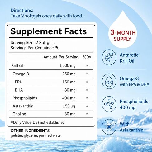 Antarctic Krill Oil 180 Softgels | 1000mg Per Serving, Omega-3 EPA DHA Choline Astaxanthin & Phospholipids, Mercury Free, No Fishy Aftertaste, Supports Joint, Heart, Brain & Immune Health in Kuwait