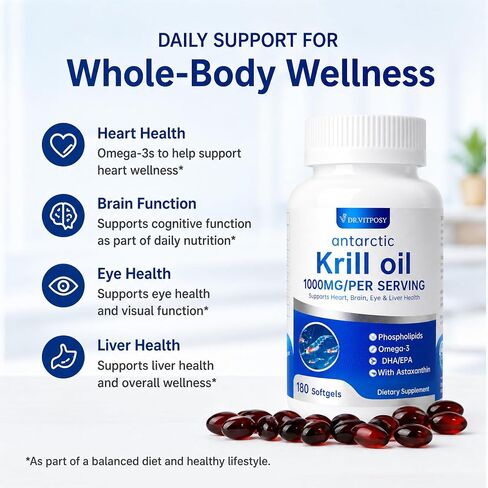 Antarctic Krill Oil 180 Softgels | 1000mg Per Serving, Omega-3 EPA DHA Choline Astaxanthin & Phospholipids, Mercury Free, No Fishy Aftertaste, Supports Joint, Heart, Brain & Immune Health in Kuwait