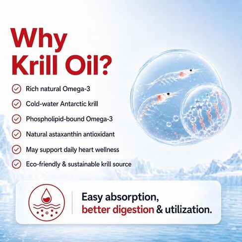 Antarctic Krill Oil 180 Softgels | 1000mg Per Serving, Omega-3 EPA DHA Choline Astaxanthin & Phospholipids, Mercury Free, No Fishy Aftertaste, Supports Joint, Heart, Brain & Immune Health in Kuwait
