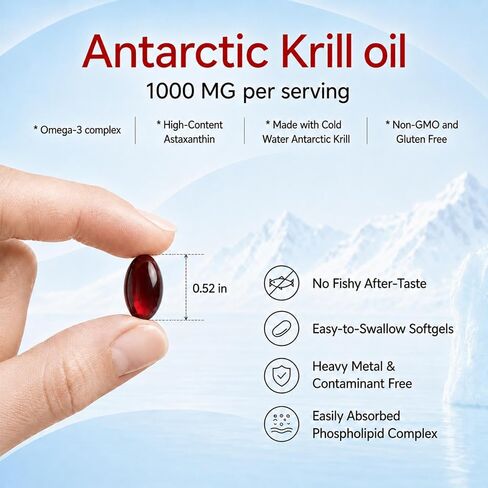 Antarctic Krill Oil 180 Softgels | 1000mg Per Serving, Omega-3 EPA DHA Choline Astaxanthin & Phospholipids, Mercury Free, No Fishy Aftertaste, Supports Joint, Heart, Brain & Immune Health in Kuwait