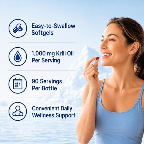 Antarctic Krill Oil 180 Softgels | 1000mg Per Serving, Omega-3 EPA DHA Choline Astaxanthin & Phospholipids, Mercury Free, No Fishy Aftertaste, Supports Joint, Heart, Brain & Immune Health in Kuwait