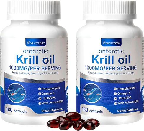 Antarctic Krill Oil 180 Softgels | 1000mg Per Serving, Omega-3 EPA DHA Choline Astaxanthin & Phospholipids, Mercury Free, No Fishy Aftertaste, Supports Joint, Heart, Brain & Immune Health in Saudi Arabia