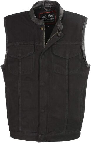 Club Vest Men's Concealed Snap Denim with Hidden Zipper with Leather Trim (Black, XX- Large) in Saudi Arabia