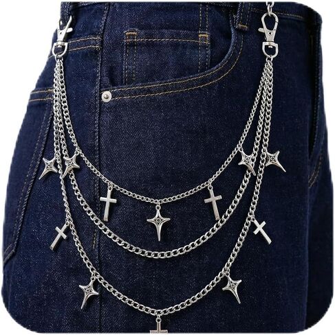 Punk Layered Pants Chain for Women Men, Silver Y2k Belt Loop Pants Chain with Star Cross Tassel for Wallets Jeans in Saudi Arabia
