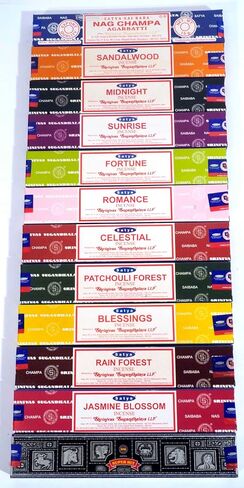 Satya Incense Variety Pack of 12. Each is a 15g Box - Nag Champa, Jasmine Blossom, Midnight, Sandalwood, Patchouli Forest, Blessing, Super Hit, Celestial, Rain Forest, Fortune, Romance, Sunrise in Kuwait