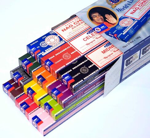Satya Incense Variety Pack of 12. Each is a 15g Box - Nag Champa, Jasmine Blossom, Midnight, Sandalwood, Patchouli Forest, Blessing, Super Hit, Celestial, Rain Forest, Fortune, Romance, Sunrise in Kuwait