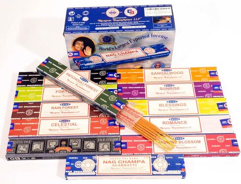 Satya Incense Variety Pack of 12. Each is a 15g Box - Nag Champa, Jasmine Blossom, Midnight, Sandalwood, Patchouli Forest, Blessing, Super Hit, Celestial, Rain Forest, Fortune, Romance, Sunrise in Kuwait