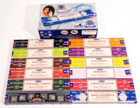Satya Incense Variety Pack of 12. Each is a 15g Box - Nag Champa, Jasmine Blossom, Midnight, Sandalwood, Patchouli Forest, Blessing, Super Hit, Celestial, Rain Forest, Fortune, Romance, Sunrise in Kuwait
