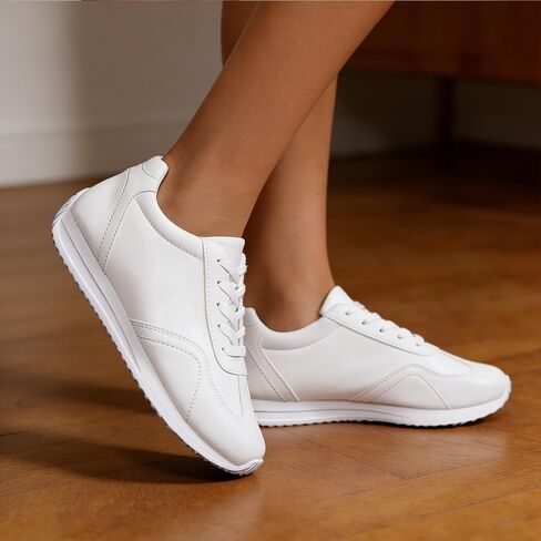 Women's White Casual Sneakers, Lightweight Lace-Up Walking Shoes, Non-Slip Comfortable Fashion Sneakers for Daily & Work Wear in Kuwait