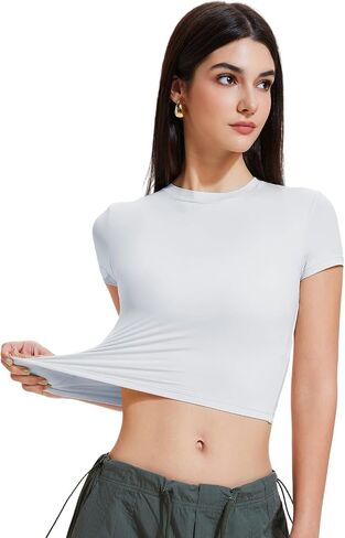 Women's Crop Tops Short Sleeve Slim Fit Nylon Compression Basic Workout Tee Shirts Soft Y2K Summer Non See Through in Saudi Arabia