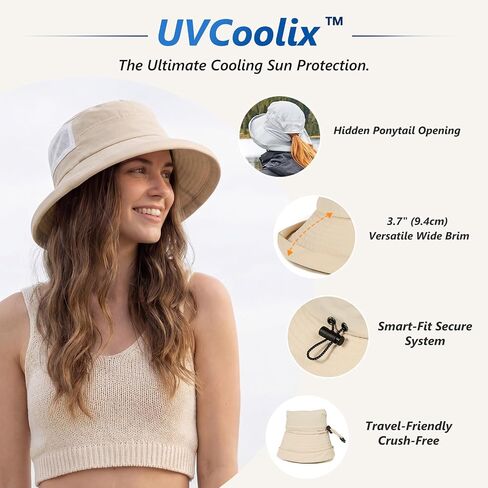 TOP-EX ChicPony Women's Wide Brim Bucket Sun Hat with Ponytail Hole UPF 50 Summer Packable Sunhat for Travel Beach Outdoor in Kuwait