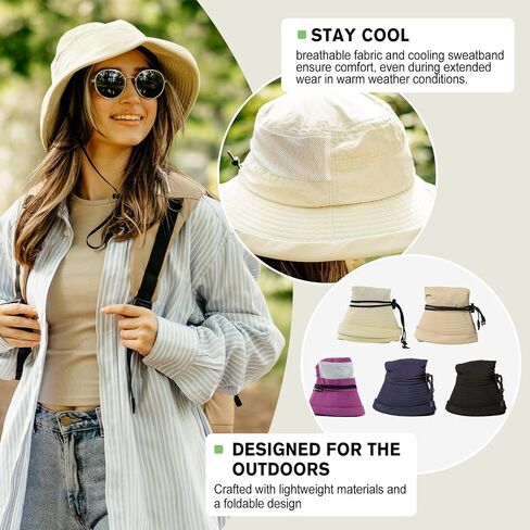 TOP-EX ChicPony Women's Wide Brim Bucket Sun Hat with Ponytail Hole UPF 50 Summer Packable Sunhat for Travel Beach Outdoor in Kuwait