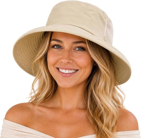 TOP-EX ChicPony Women's Wide Brim Bucket Sun Hat with Ponytail Hole UPF 50 Summer Packable Sunhat for Travel Beach Outdoor in Kuwait