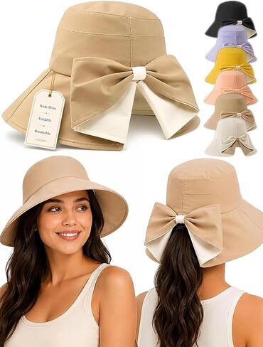 Women's Bowknot Wide Brim Sun Protective Hat, 2027 New Foldable Beach Sun Hat with Bowknot, Packable 360° Protection Hat in Saudi Arabia