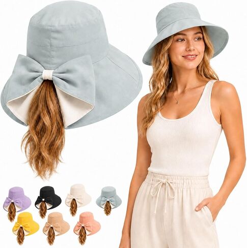 Women’s Bowknot Wide Brim Sun Protective Hat, Wide Brim Sun Protective Hat for Beach, Travel, Summer Outdoor Wear in Saudi Arabia