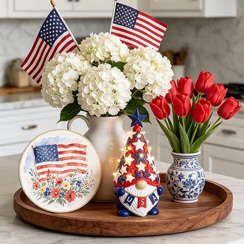 DN DECONATION 4th of July & Memorial Day Decorations with Lights, Patriotic Gnome Decor Lighted Red Blue Independence Day Tabletop Decor USA Resin Gnome with Stars Gifts for Table Tiered Tray in Kuwait