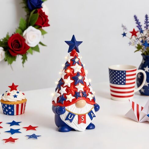 DN DECONATION 4th of July & Memorial Day Decorations with Lights, Patriotic Gnome Decor Lighted Red Blue Independence Day Tabletop Decor USA Resin Gnome with Stars Gifts for Table Tiered Tray in Kuwait