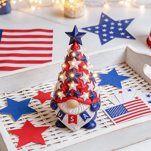 DN DECONATION 4th of July & Memorial Day Decorations with Lights, Patriotic Gnome Decor Lighted Red Blue Independence Day Tabletop Decor USA Resin Gnome with Stars Gifts for Table Tiered Tray in Kuwait