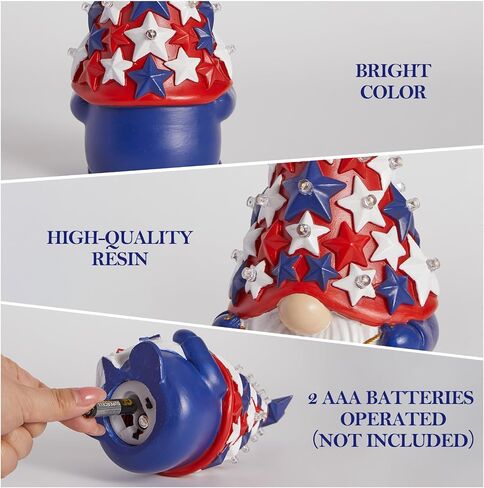 DN DECONATION 4th of July & Memorial Day Decorations with Lights, Patriotic Gnome Decor Lighted Red Blue Independence Day Tabletop Decor USA Resin Gnome with Stars Gifts for Table Tiered Tray in Kuwait