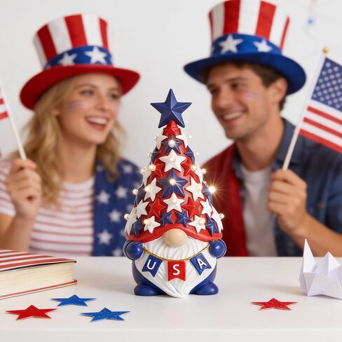 DN DECONATION 4th of July & Memorial Day Decorations with Lights, Patriotic Gnome Decor Lighted Red Blue Independence Day Tabletop Decor USA Resin Gnome with Stars Gifts for Table Tiered Tray in Kuwait