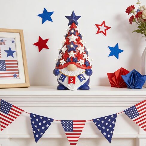 DN DECONATION 4th of July & Memorial Day Decorations with Lights, Patriotic Gnome Decor Lighted Red Blue Independence Day Tabletop Decor USA Resin Gnome with Stars Gifts for Table Tiered Tray in Kuwait
