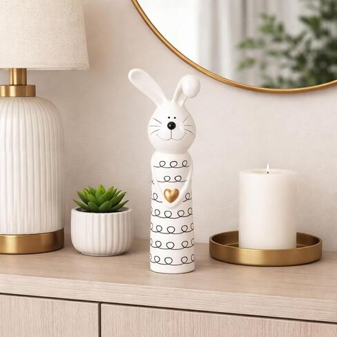 Boho Bunny Figurine Decor - Handcrafted Ceramic Stoneware - Modern Home Accent for Living Room, Bedroom & Office - 12" Black & White in Saudi Arabia
