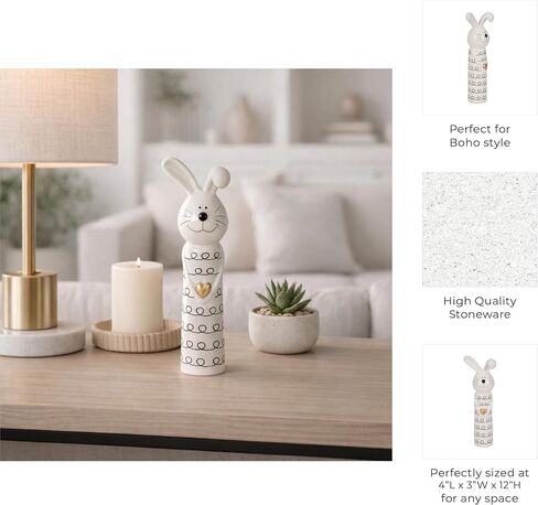 Boho Bunny Figurine Decor - Handcrafted Ceramic Stoneware - Modern Home Accent for Living Room, Bedroom & Office - 12" Black & White in Saudi Arabia