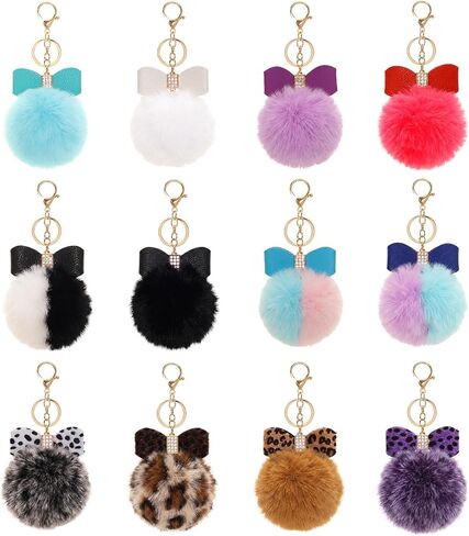 Fumwase 12PCS Pom Pom Keychains Fashionable Bow Rhinestone Faux Fur Ball Key Rings for Women Car Keys Tote Bag in Kuwait