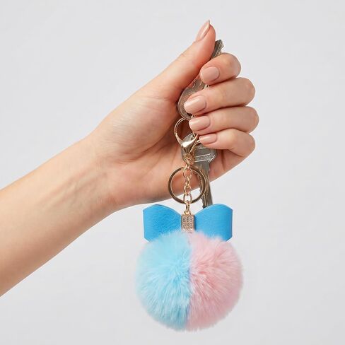 Fumwase 12PCS Pom Pom Keychains Fashionable Bow Rhinestone Faux Fur Ball Key Rings for Women Car Keys Tote Bag in Kuwait