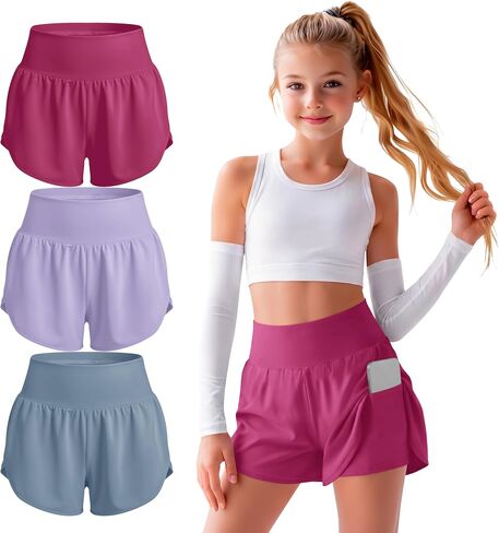 Didaey 3 Pack Girls Athletic Yoga Shorts with Liner 2 in 1 Quick Dry High Elastic Waist Summer Shorts with Pockets 5-14Y in Saudi Arabia