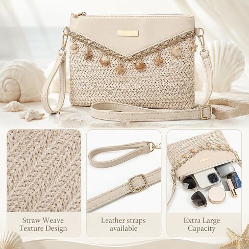 Straw Shoulder Bag for Women Summer, Boho Raffia Purse with Charm Chain, Adjustable Crossbody Woven Beach Handbag for Vacation Travel in Kuwait