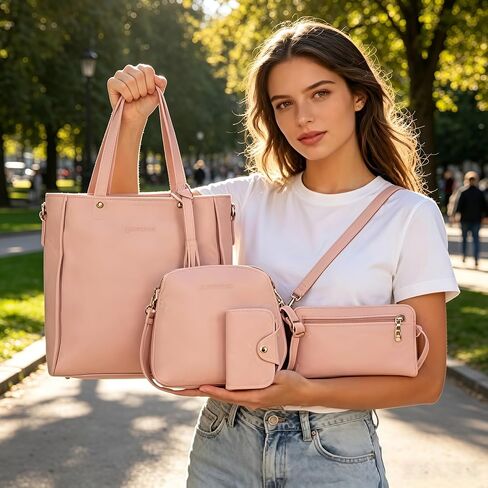 4-Pcs Women's Purse Set, Includes Tote, Crossbody, Clutch & Card Case for Versatile Daily Use in Pink in Kuwait