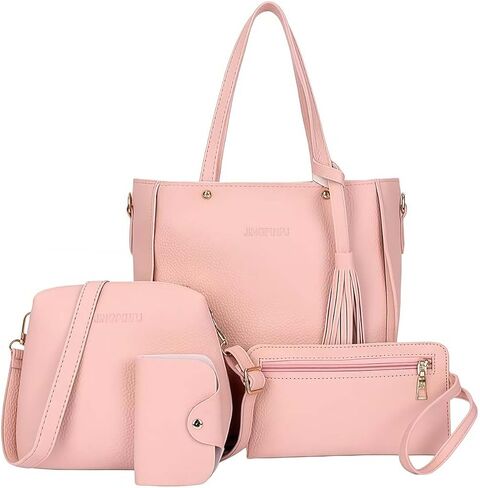 4-Pcs Women's Purse Set, Includes Tote, Crossbody, Clutch & Card Case for Versatile Daily Use in Pink in Kuwait