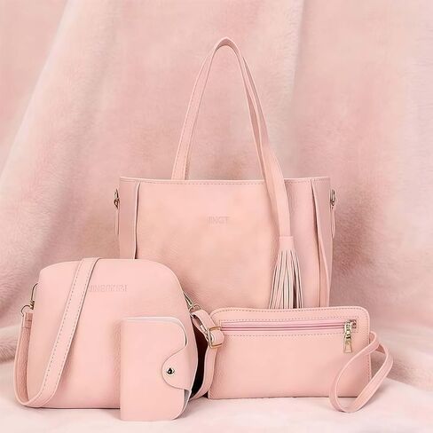 4-Pcs Women's Purse Set, Includes Tote, Crossbody, Clutch & Card Case for Versatile Daily Use in Pink in Kuwait