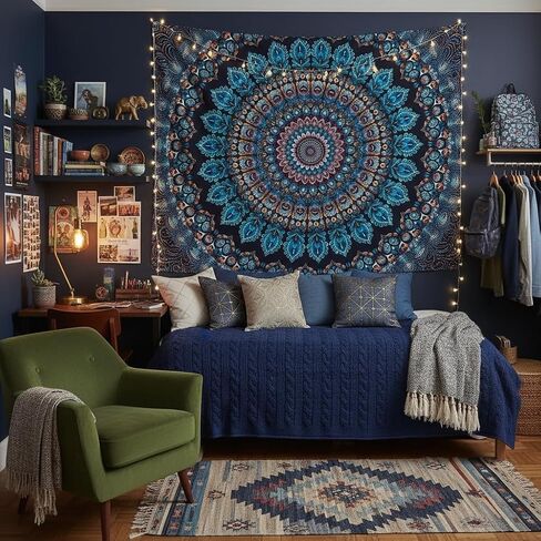 Motanber Blue Mandala Tapestry Wall Hanging Vintage Medallion Tapestry Aesthetic Hippie Boho Floral Cool Cute Small Tapestries for Bedroom Living Room Dorm Decor 48 x 36 Inch in Saudi Arabia