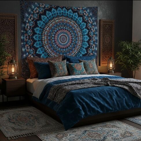 Motanber Blue Mandala Tapestry Wall Hanging Vintage Medallion Tapestry Aesthetic Hippie Boho Floral Cool Cute Small Tapestries for Bedroom Living Room Dorm Decor 48 x 36 Inch in Saudi Arabia