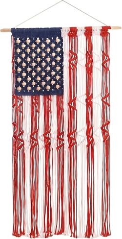 Decorative Tapestry Handmade Flag Tassel Hand-woven Flag - Includes Wooden Hanging Rod and Knotted Design Texture Hanging Rope, American Flag Indoor Hanging Decorn, Patriotic Holiday Ornament - Suitable for Living Room and Bedroom Decoration - Size: 25.5  in Saudi Arabia